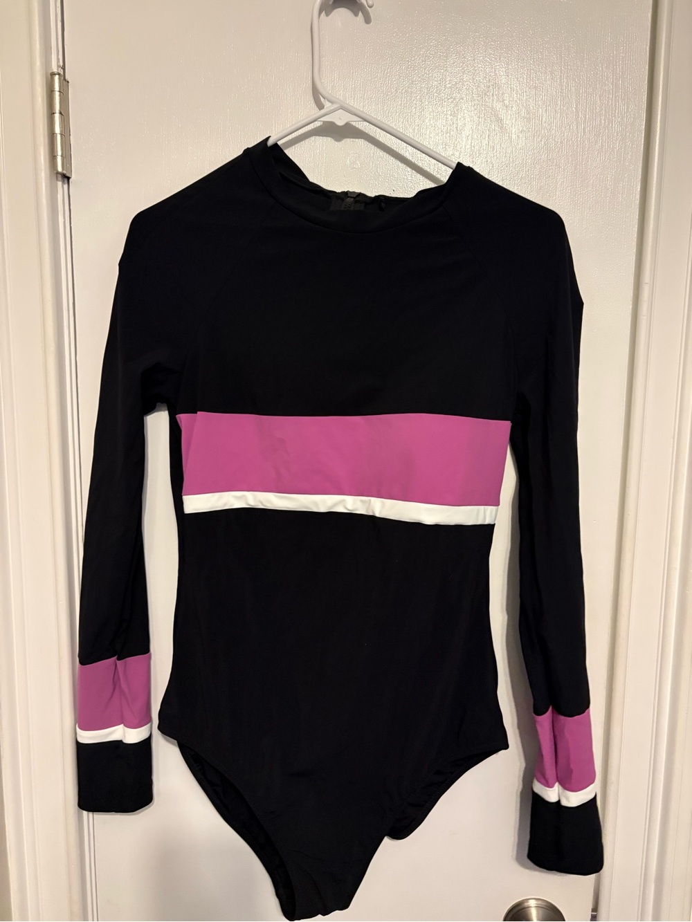 Long Sleeve Black and Pink One-Piece Swimsuit